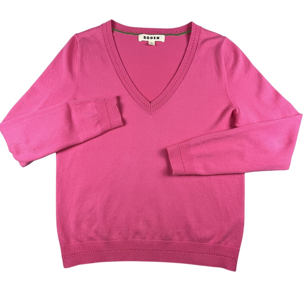 Boden Sweater Womens S Pink V-Neck Cotton Blend Pointelle Trim Long Sleeve